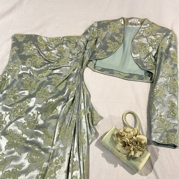 KAY UNGER 2pc GOWN + BOLERO Jacket Satin Celery Strapless Bead Floral Wedding 🎩 - Picture 2 of 11